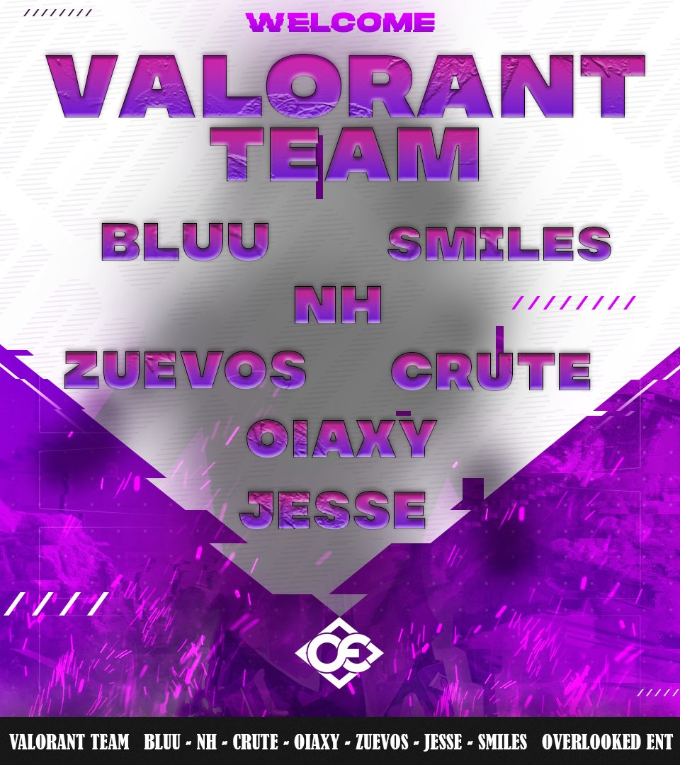 We are pleased to announce our new game and members to the Overlooked Ent Valorant Team! 

<a href="/bLuUtius/">bLuU</a> 
<a href="/LilZuevos/">Zuevos</a> 
<a href="/realcrute/">crute</a> 
<a href="/xg4m3rb0yx/">quit</a> 
<a href="/bot_irish/">Smiles</a> 
(C/S) <a href="/oiaxytv/">Oiaxy</a> 
(M) <a href="/Hokusul/">Jesse</a> 

#valorant #ValorantClips <a href="/playvalorant/">VALORANT</a> #twitch #tiktok #youtube #twitchstreamer #twitchtvgaming