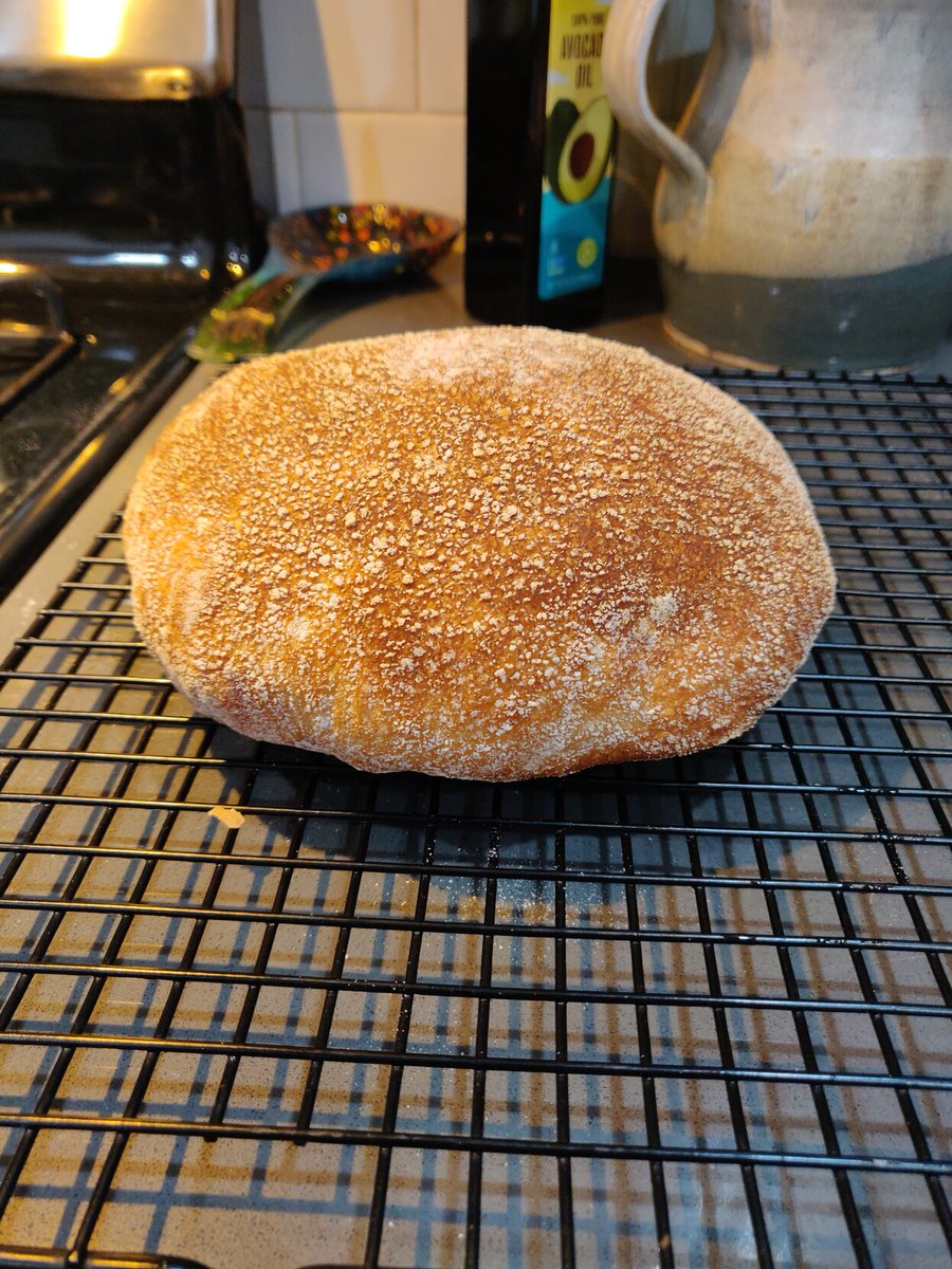 twsobey's tweet photo. I've never had luck with high hydration breads so I usually stick with ~70%. A friend shared a recipe for a bread with 100% hydration so I tried it and it worked beautifully. The bread was light and airy. Definitely going to try it again. #bread #baking https://t.co/J41rAX5y1y