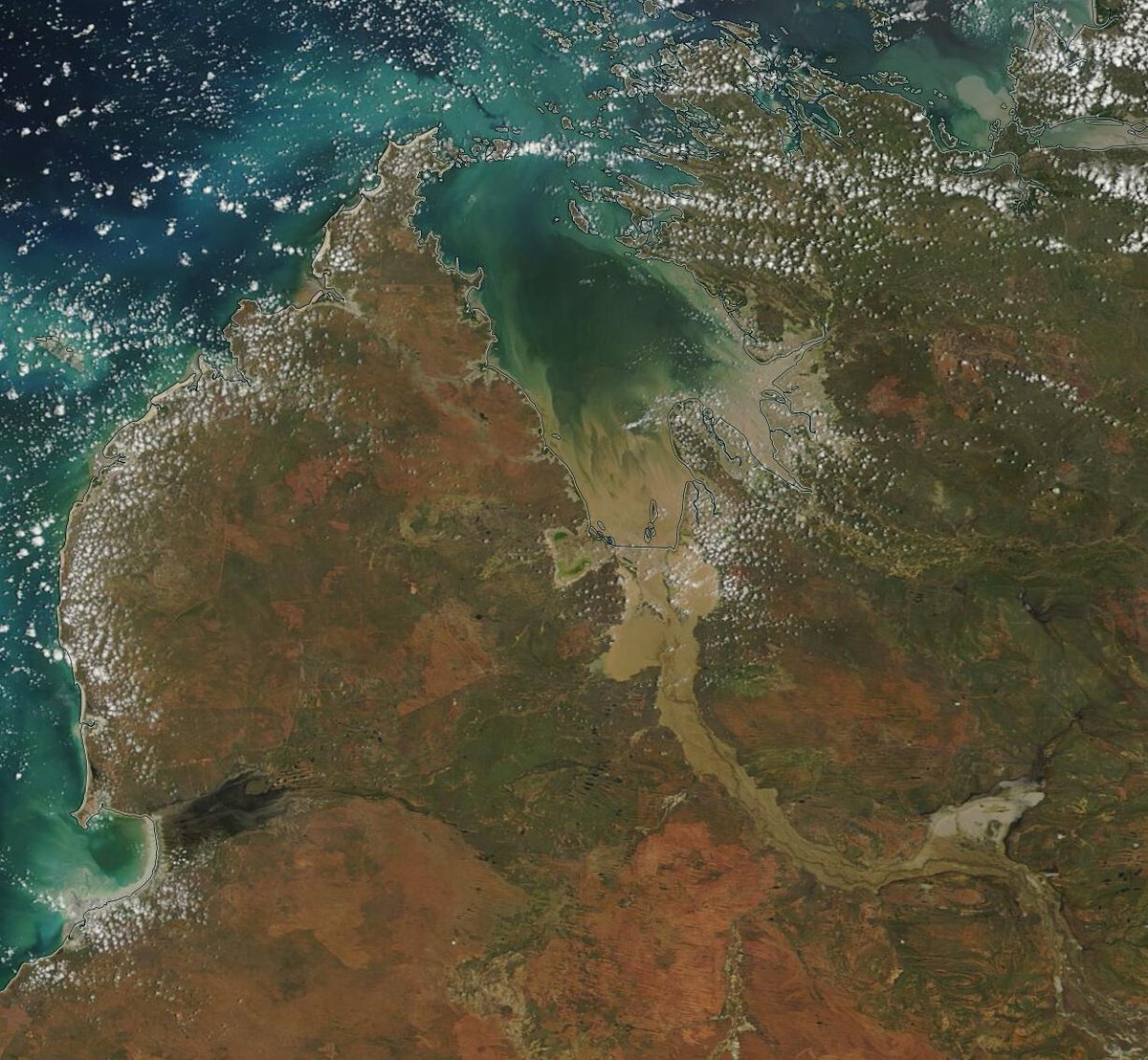 NASA satellite image shows the vast plume of floodwater washing out to King Sound in WA's north: