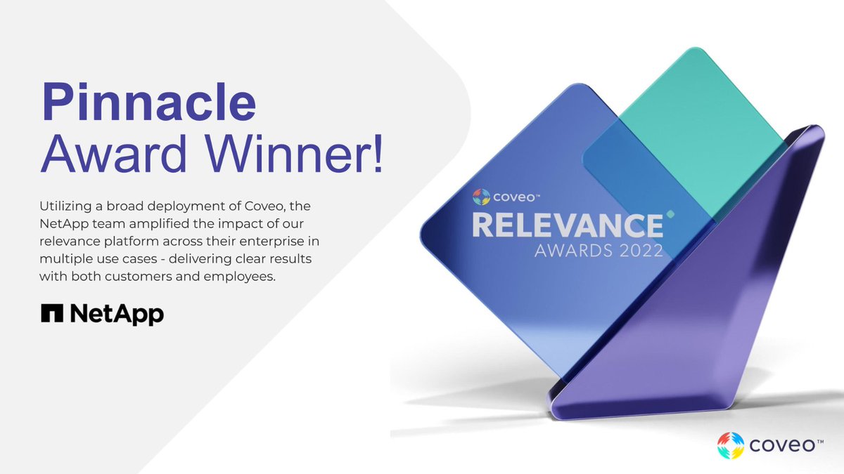 NetApp Wins Coveo Award
We’re thrilled to announce we’ve won the 2022 Coveo Relevance Awards! 🥇🎉
Learn more: ntap.com/3W8wPLj
#netapp #coveo #relevance #ai