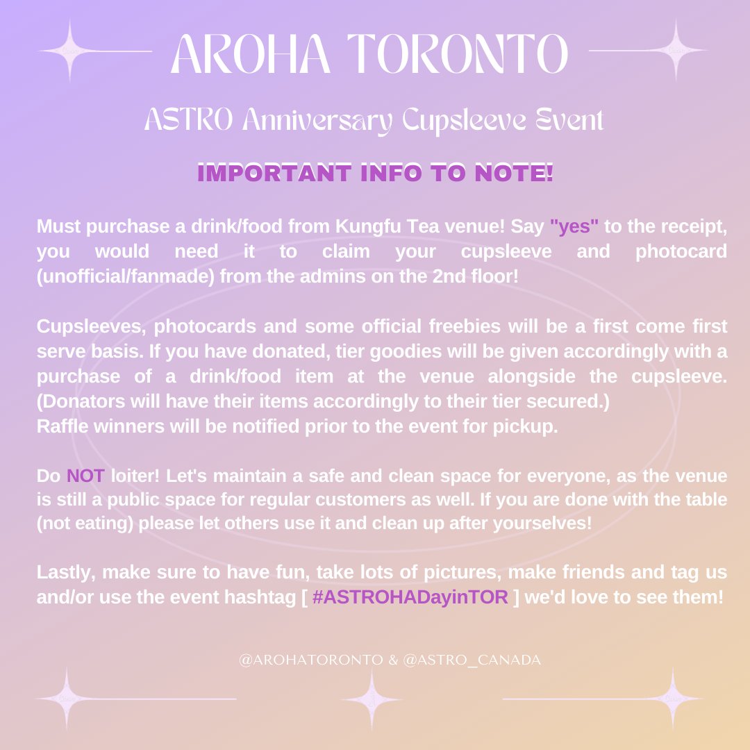 ASTRO TORONTO CUPSLEEVE EVENT ✧*:･

Come celebrate #ASTRO 7th Anniversary with us!
✧ Kungfu Tea 584 Yonge St
✧ February 25th, 12PM-6PM

Please see the poster for detailed information &amp; the thread below for donation tiers!

#ASTROHADayinTOR #HappyASTRODay #아스트로 #AROHA