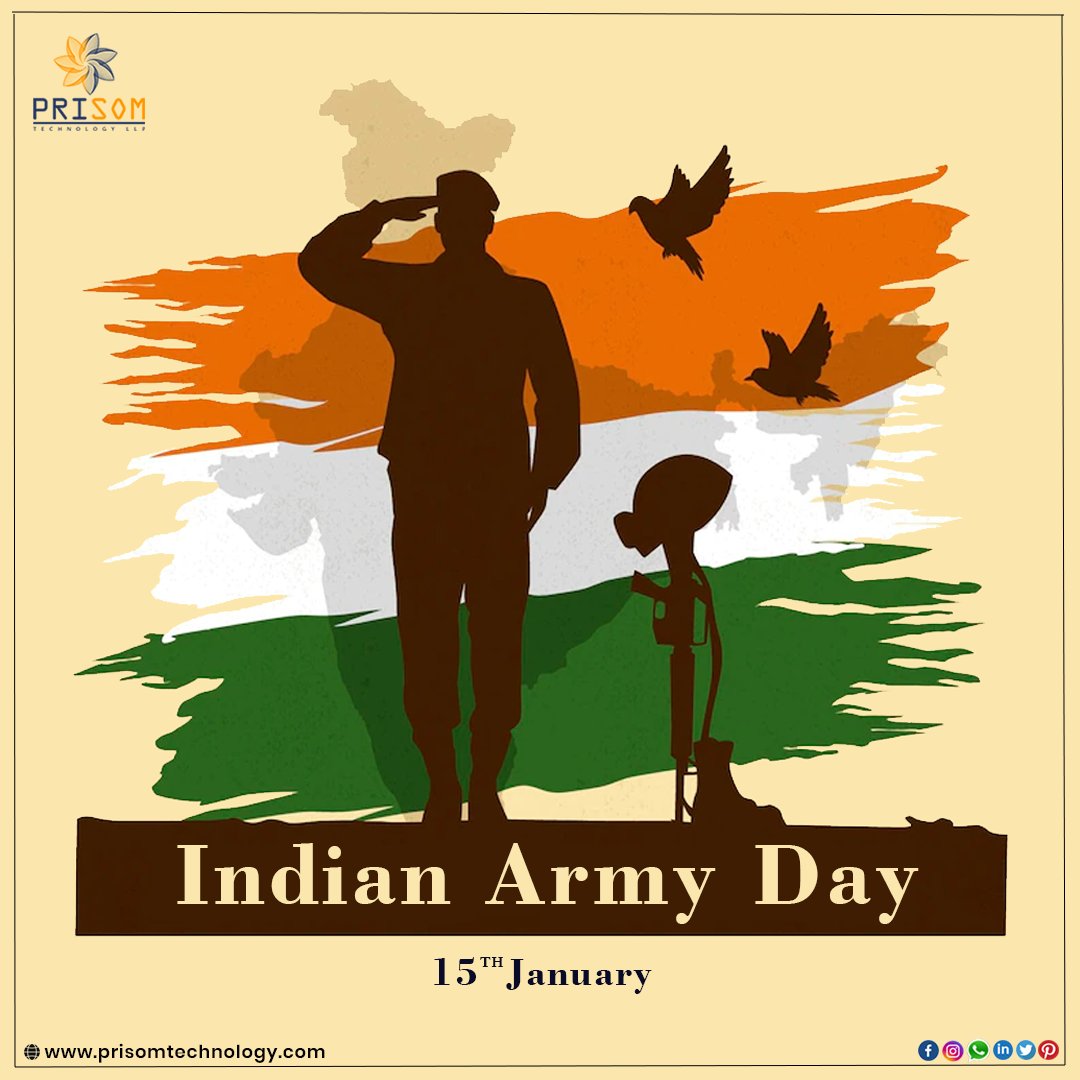 Let us celebrate with pride the service rendered to the nation. By Our fearless &amp; selfless warriors. #HappyIndianArmyDay 
#indianarmy #india #army #indianairforce #indiannavy #indian #jaihind #prisom #prisomtechnologyllp #softwaredevelopmentcompany #ahemdabad #india