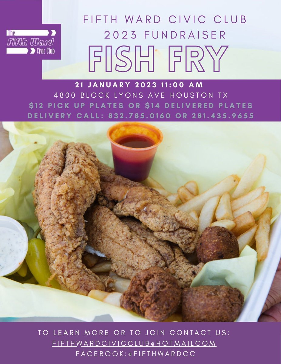 cocohoustonnow's tweet photo. #FifthWardCivicClub #FishFry #Fundraiser #FifthWard #HTX 01/21/23 11:00 AM 4800 Block of Lyons Ave! Get your #grubon! #Jitney Delivery available!
@CeerHouston @airallianceHOU @LegacyCommunity @JacksonLeeTX18 @RepHaroldDutton @RodneyEllis @HesterHouse1943 @WeLoveWheatley https://t.co/99LgZNRtar