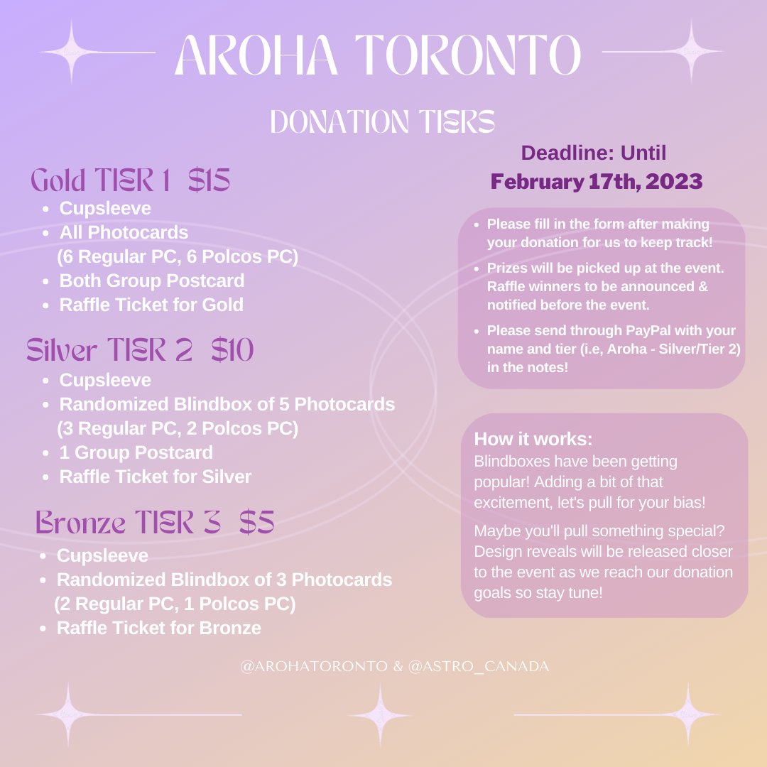 [PLS RT] Share amongst your friends!
✧Donations✧
Deadline: February 17th 11:59PM EST
PAYPAL: paypal.me/ASTROCanada
FORM: forms.gle/jdd6rq8R823u9L…

Prizes picked up at the event only. Please make sure you are able to claim them!
#ASTROinToronto #ASTROHADayinTOR #ASTRO #아스트로