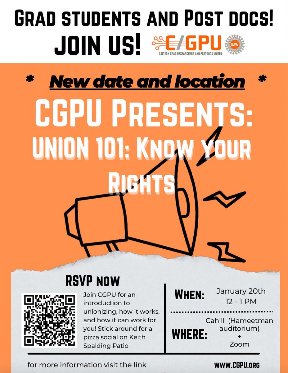 We are SO excited to announce that next Friday, Jan. 20th, 12-1pm we will meet in Cahill’s Hameetman auditorium for our event “Union 101: Know Your Rights”! We will cover why/how to form a union and discuss our next steps. Also, there will be FREE PIZZA🍕 RSVP using the QR code🗣️