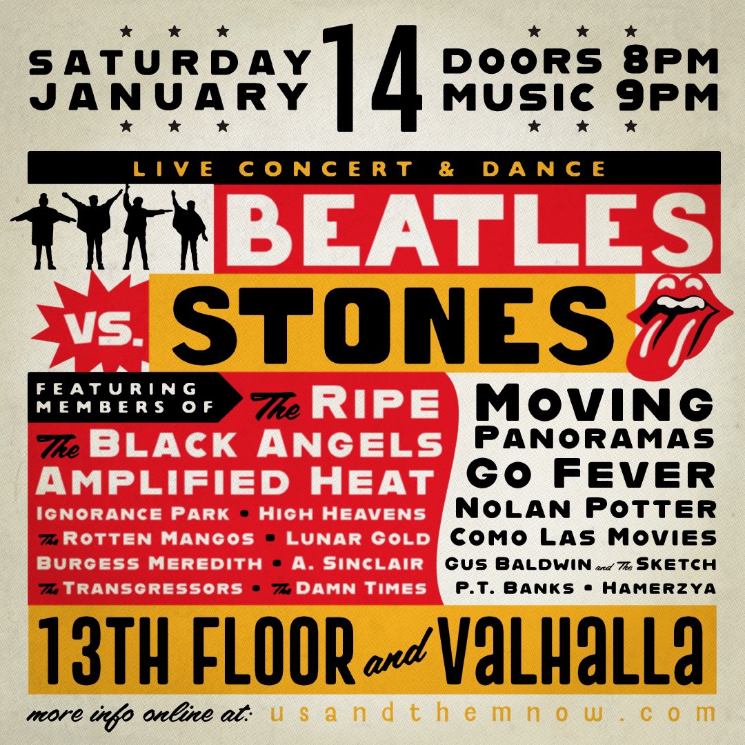On Saturday, @Lunar_Gold & I have an @usandthemnow Beatles vs. Stones party at The 13th Floor & Valhalla. Members of @theblackangels, @movingpanoramas, @comolasmovies, @hamerzya_music and more will be playing covers all night! If you live in Austin, come to this. It’ll be fun!