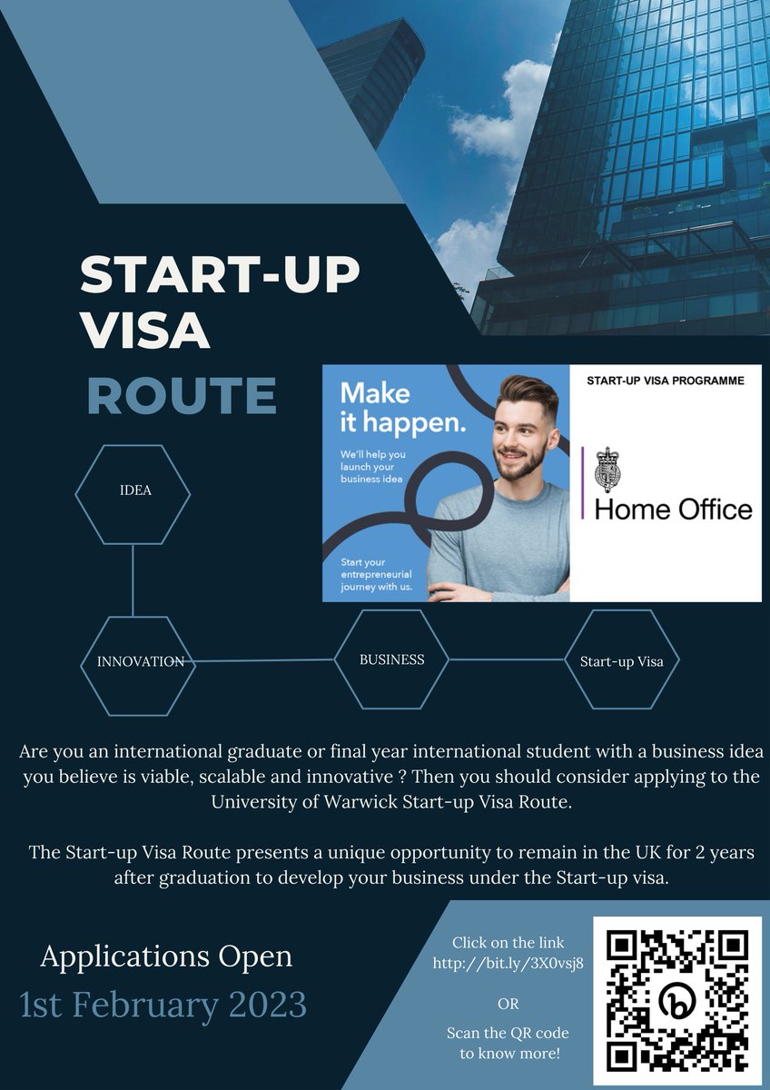 Calling all international graduate #entrepreneurs!
Applications open on 1st Feb to apply for the Start-up Visa Route to gain a unique opportunity to remain in the UK for 2 years and develop your #business idea. 
Find out more : bit.ly/3X0vsj8