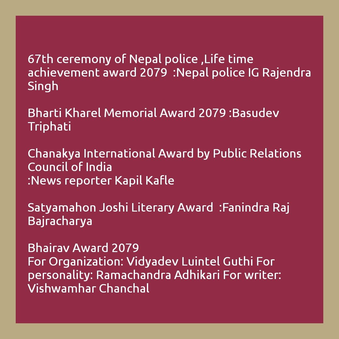 Some recent important awards Source Gorkhapatra