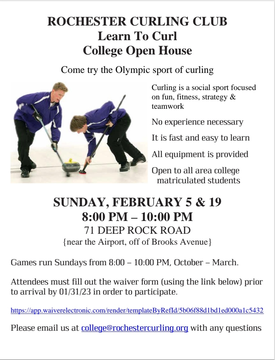 RIT Curling is hosting their spring open houses on February 5th and 19th from 8-10pm at the Rochester Curling Club. All college students from the Rochester area are invited to attend. Scan the QR codes to RSVP and bring your friends! Good curling!