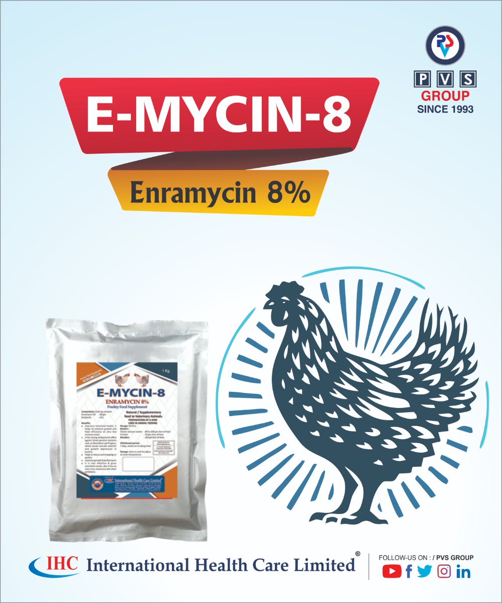 We are introducing our best #Antibacterial to treat #Growthdepression in #Poultry is
#EMYCIN8
#EMYCIN8 can improve #Intestinalhealth, it helps to enhance #Growth and #Feedefficiency at very low inclusion levels.
It has strong #Antibacterial effects against #Grampositivebacteria