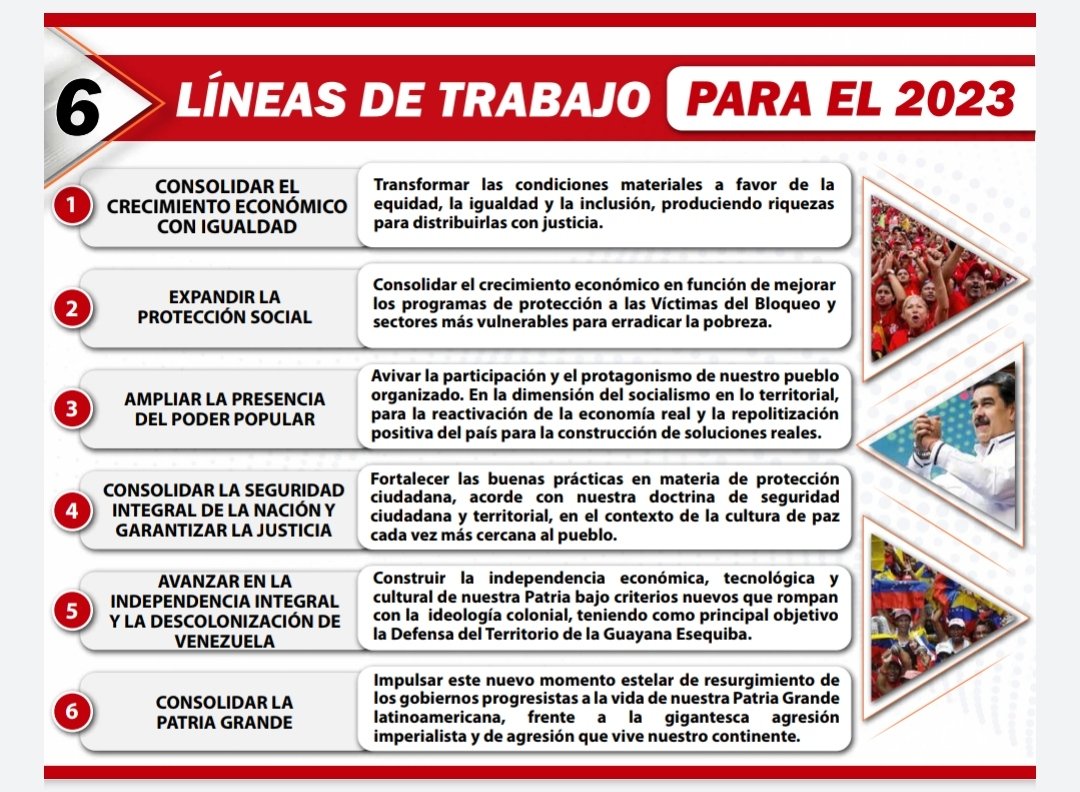 Conozcan las 6 líneas de trabajo para este 2023, tenemos lineamientos claros para consolidar el crecimiento económico y garantizar el vivir viviendo. (3/3)

<a href="/NicolasMaduro/">Nicolás Maduro</a>
@MPPEDUCACION