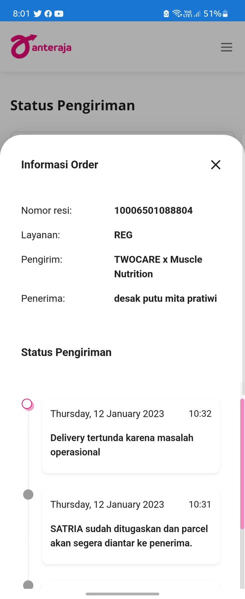 gekmithaa's tweet photo. @anteraja_id masalah operasional apa ya? Estimasi hari ini tiba. Tolong segera ditindaklanjuti. Banyak review gak bagus tentang ekspedisi anda! https://t.co/K9SP6nDP4u