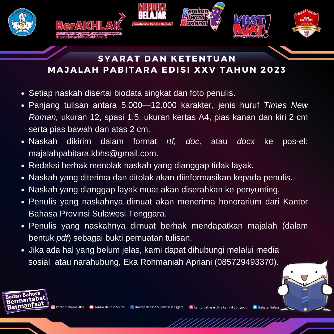 bbsultra's tweet photo. ... paling lambat 1 Februari 2023.
Untuk informasi tambahan atau pertanyaan, dapat menghubungi kami di 081342520567 (PPID KBST) atau 085729493370 (Eka).
Syarat dan ketentuan lihat pada gambar.
#KBSTKUAT
#Majalah๐๐ข๐ฃ๐ช๐ต๐ข๐ณ๐ข
#SulawesiTenggara https://t.co/ghPHBV0e76