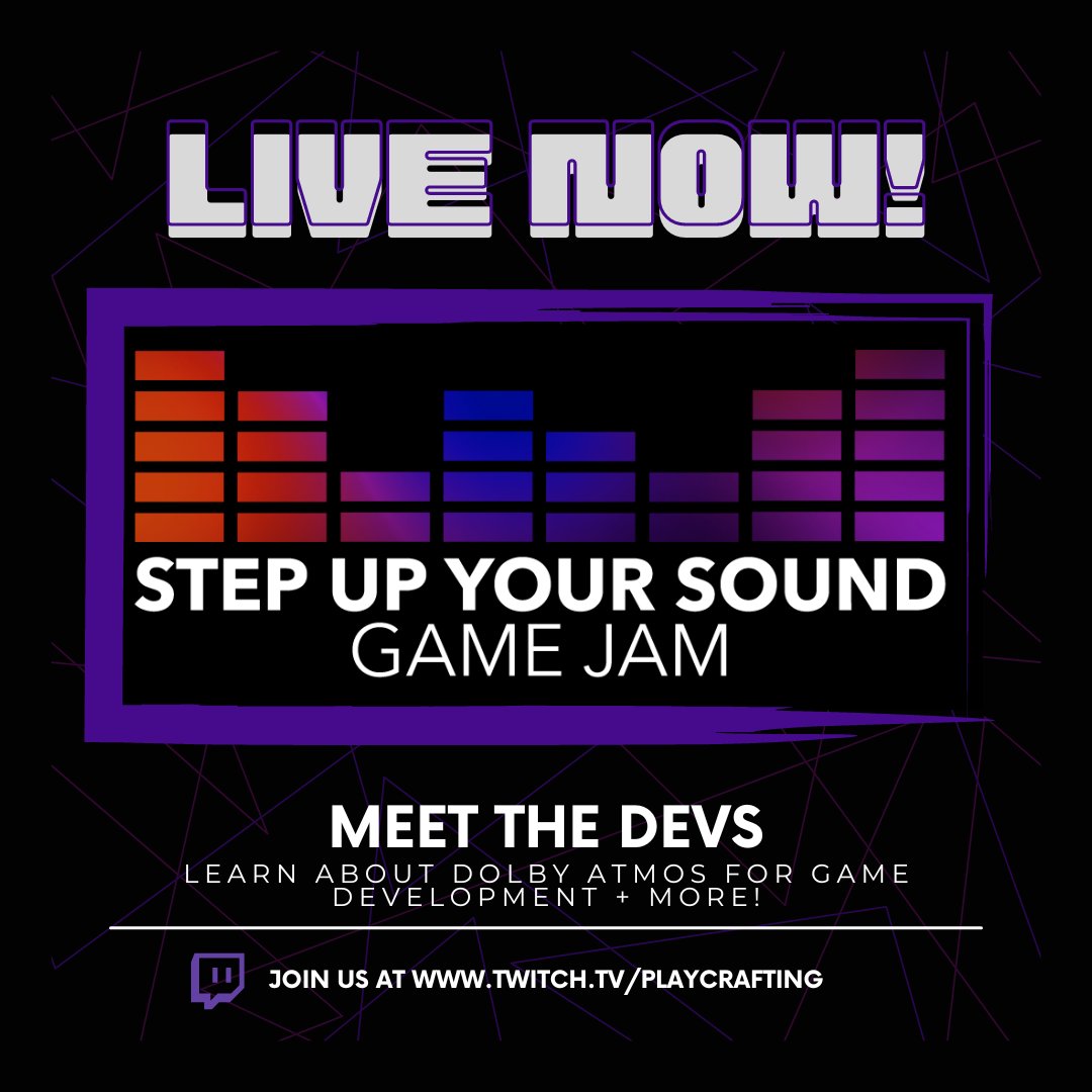 We’re LIVE - join us, our teams of audio developers, and partners from <a href="/audiokinetic/">Audiokinetic</a>, <a href="/SamsungMobile/">Samsung Mobile</a>, &amp; <a href="/Playcrafting/">Playcrafting</a> to talk about dynamic game audio! Come learn, laugh and ask questions 
twitch.tv/playcrafting