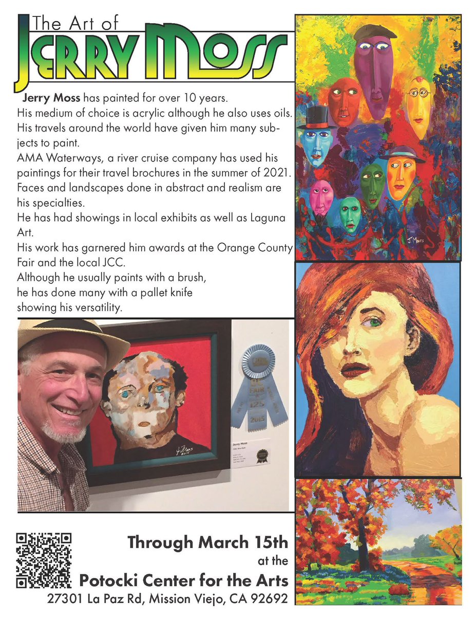 My painting student Jerry Moss is showing his Artwork at the Potocki Center for the Arts in Mission Viejo.
#Jerrymoss #jerryMossArtwork #painting #art #missionViejo #mvfota #jackKnight