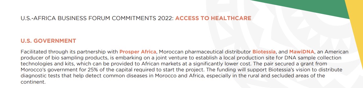 AdvisorySpire's tweet photo. Delighted @BiotessiaSocial &amp; @MawiDNA  #Morocco project we are involved in has made the @ProsperAfricaUS #commitmentbook @ the #usafricabusinessforum. This recognition is another acknowledgment of the importance of the project for #africanhealthcare.
https://t.co/M7VxCb5TLi https://t.co/epPq5VtvKD