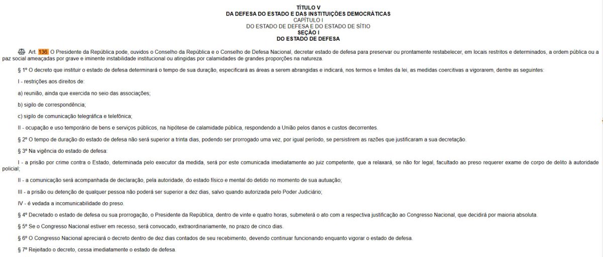 CarmilatiRenato's tweet photo. A minuta encontrada na casa do Anderson Torres é de decreto para instaurar o Estado de Defesa, ao que parece, especificamente na questão eleitoral, até porque prevê a criação uma comissão de regularidade eleitoral, mas sob o "guarda-chuva" do ED.
Art. 136/CF (ED): ++ https://t.co/0sryQwU7SV