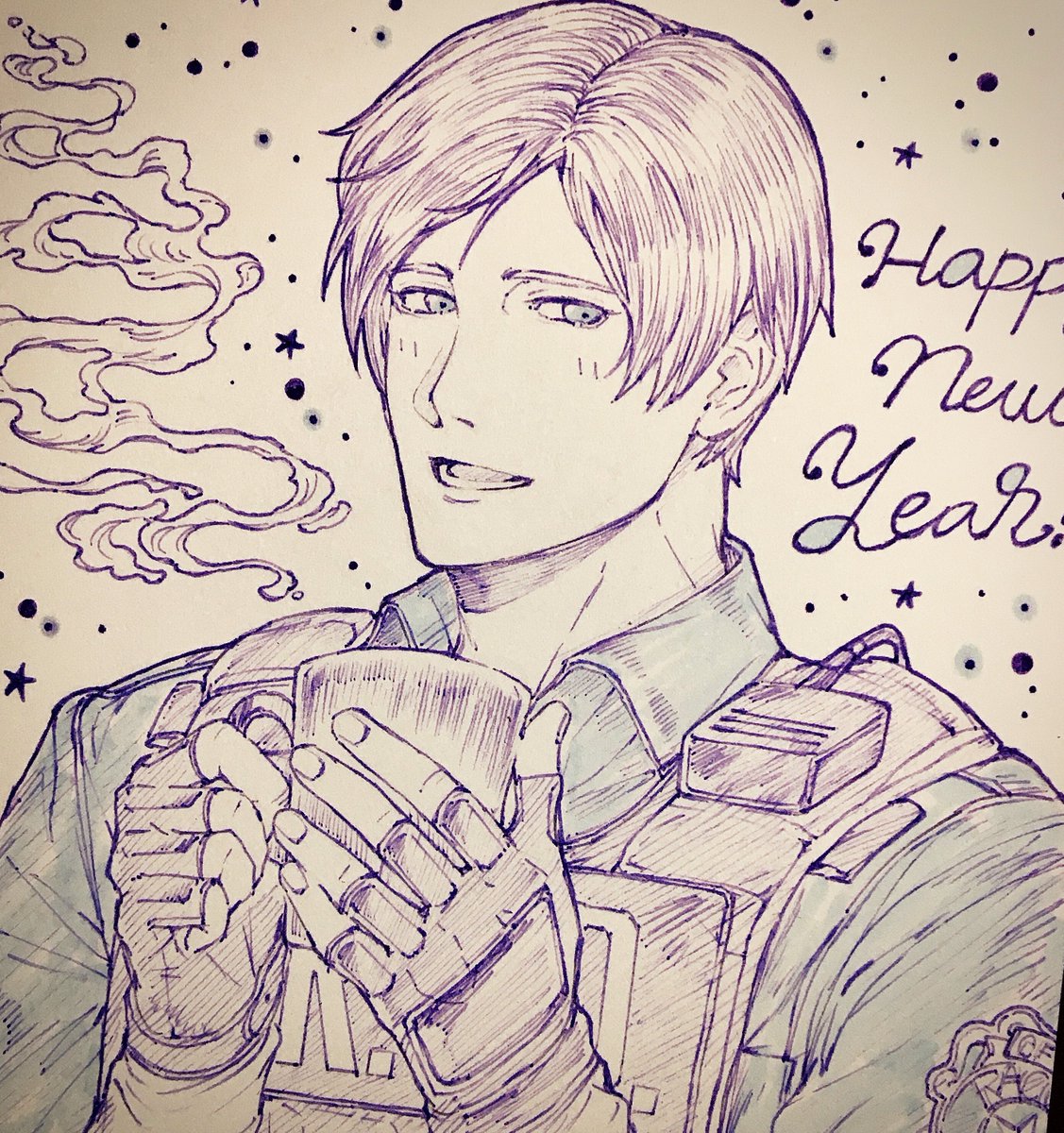 フォロワーさんに年賀状でお送りした☕️ブレイク中のRE2レオン君〜😌

#LeonKennedy 