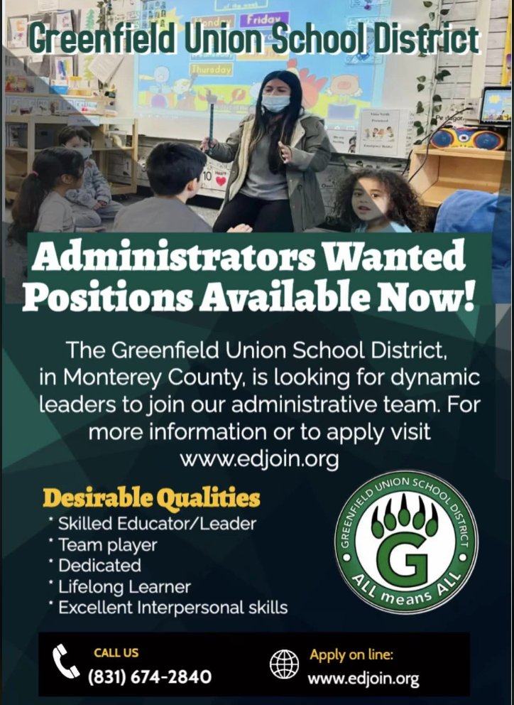 Greenfield Union School District is looking to hire VAPA teachers and administrators. Please contact the Human Resource Department if you are interested and would like more details. (831) 674-2840.
#ThisisGUSD #GreenfieldGuarantee #ProudToBeGUSD #AllmeansAll