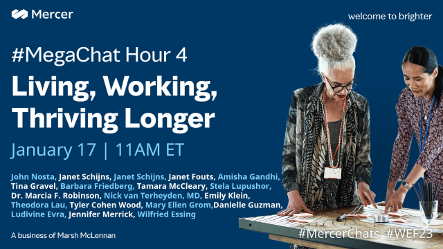 Join @Jfouts, @Tgravel, @Slupusho, @MarciaFRobinson, @TamaraMcCleary, @EvraLHonorat, @WilfriedEssing & others in a discussion of the challenges and opportunities that longer lives and #careers present. Don't miss our #MercerChats #MegaChat at 11 am... bit.ly/3ZA9xkg