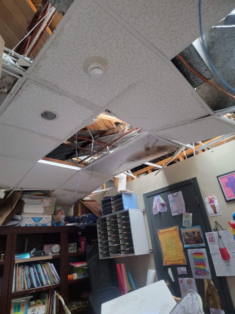 spann's tweet photo. This is Crosspoint Christian Daycare in Selma hit by the tornado today. Approximately 70 children from six weeks to five years were inside when the tornado struck. One baby had a small cut on her cheek and forehead; nothing seriousโฆ No other injuries. Photos from Amanda McCloud https://t.co/ZqpZ3yGgav