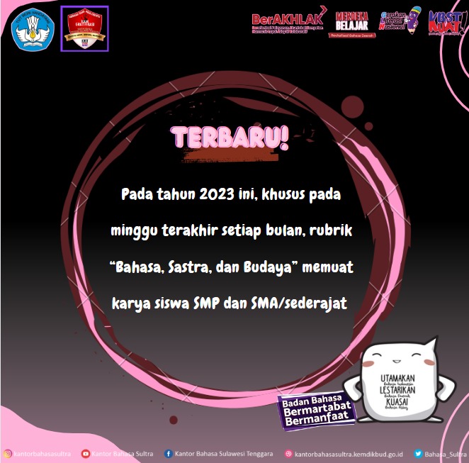 bbsultra's tweet photo. Syarat dan ketentuan dapat dilihat pada gambar. Untuk informasi tambahan dan pertanyaan, kalian dapat menghubungi 081342520567 atau melalui pos-el dan media sosial KBST.
#KBSTKUAT
#BASTRA
#bahasaindonesia
#sastraindonesia
#SulawesiTenggara https://t.co/gM6z3sB02i