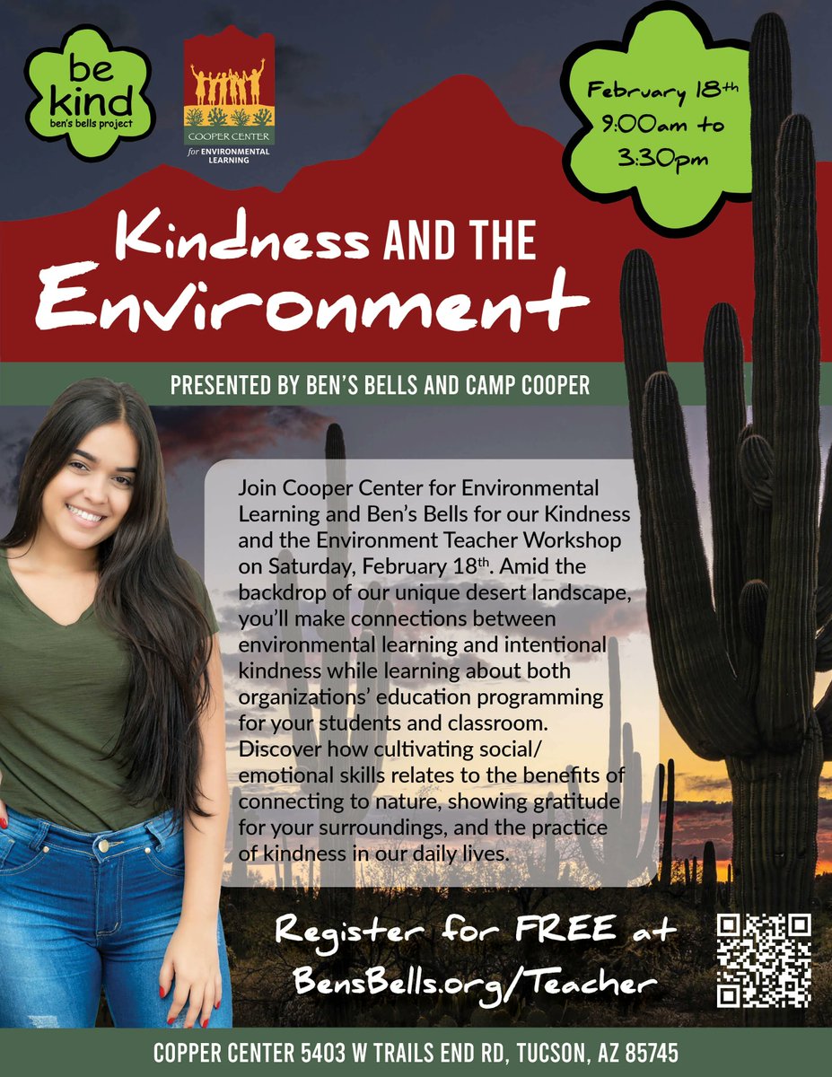 TEACHERS! We are excited and proud to partner with Ben's Bells to present our FREE Kindness and the Environment Teacher Workshop! Discover how kindness and nature intersect in and out of the classroom. Register today with the QR code or visit us online buff.ly/3wwMlHx