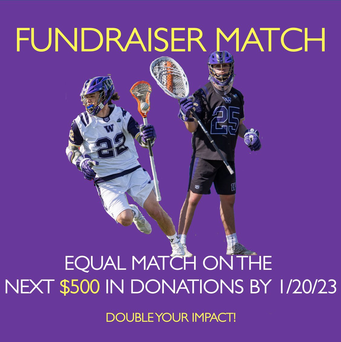 HuskyLax's tweet photo. 🚨🚨🚨 We’ve had an anonymous donor offer to MATCH the next $500 by 1/20 to help us close in on our Fundraising Goal! They go to support Need-Based Financial Assistance, so that cost doesn’t prevent players from playing college lax at UW! LINK IN BIO! #gohuskies https://t.co/JhlSbmUsdi