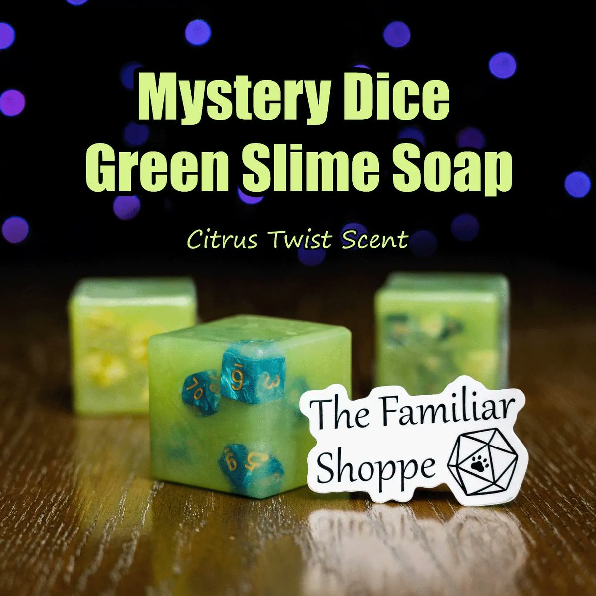 ShoppeFamiliar's tweet photo. Let our Green Slime Soap’s Acid Damage wash away any dirt and bacteria to reveal a mystery set of dice trapped inside #dice #ttrpgsoap #mysterydice https://t.co/8VMBRC0nWo
