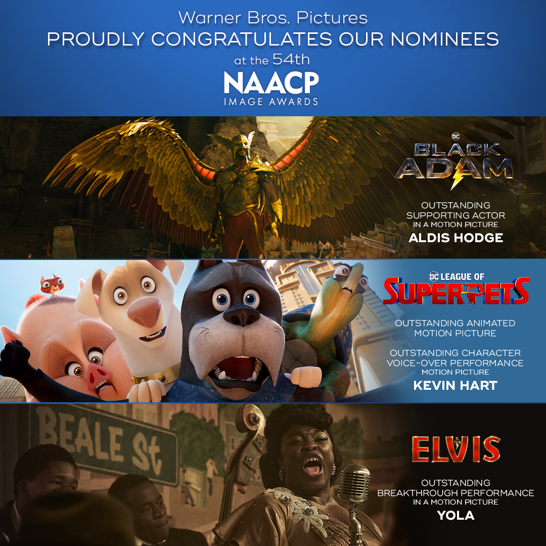 It is with great joy that we announce that the following Warner Bros. titles have been nominated by the 
@naacpimageaward. Congratulations to #BlackAdam, #DCSuperPets and #ElvisMovie!