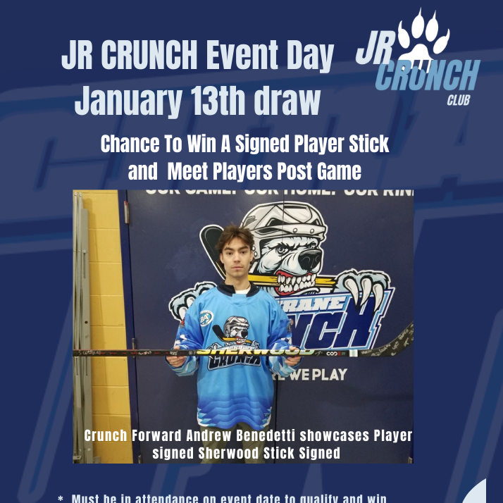 IFSTORMNOJHL's tweet photo. Fri. January 13th is JR CRUNCH DAY. Attending Jr Crunch Members have a chance to WIN a SHERWOOD STICK signed by The Crunch Players.
Crunch host Kirkland Lake at The Tim Horton Events Centre Friday January 13 at 7:00pm. #JrCrunch. #Crunch
https://t.co/DdPhxXZ6By https://t.co/8ymnop4hnq