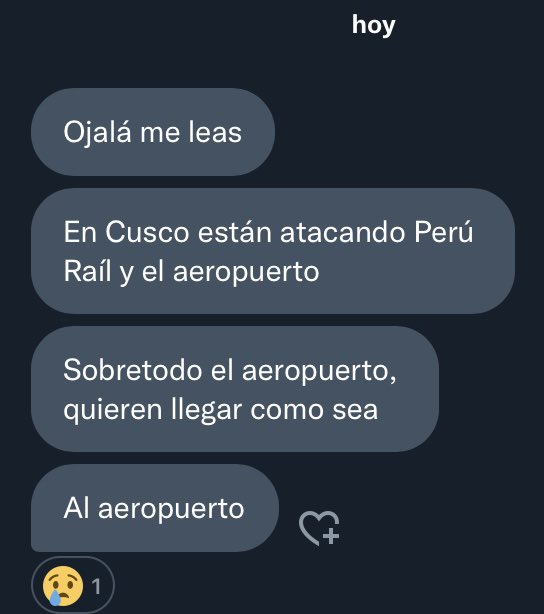 JackyMc10's tweet photo. Me envían mensajes pidiendo ayuda desde Cusco!! Están atacando Perú Rail y el Aeropuerto!! Leo mensajes de desesperación... ¿Por qué no envían refuerzos? ¿Por qué no sale el Ejército? #SOSCusco https://t.co/UhhAaw5qY6