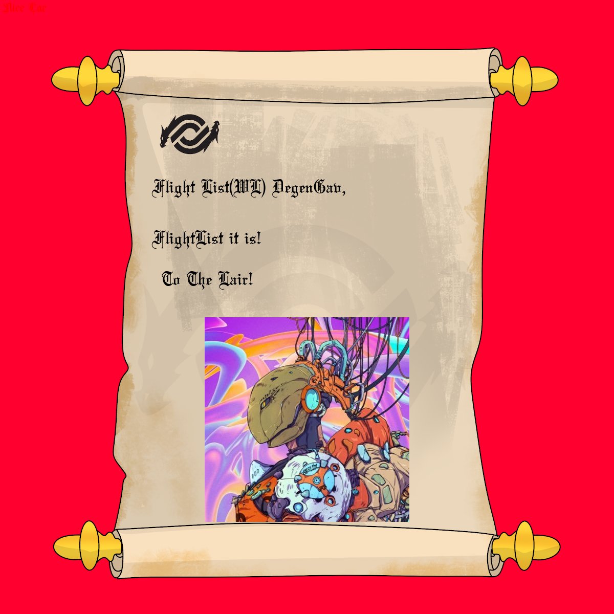 ScalersTC's tweet photo. Oyez, Oyez, Oyez! DegenGav hast been chosen for the Flight List! The lair yearns for thy presence https://t.co/0RMS5GUVzh
