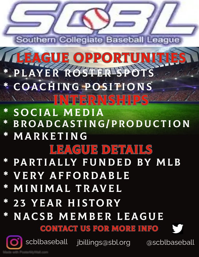 🚨Summer League Opportunities available for Coaches, Players and interns. Quality Summer League, member of the @NACSBbaseball and partially funded by MLB @CollegeSummerBB