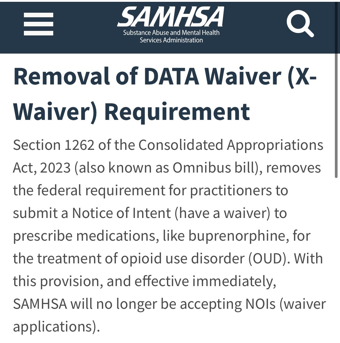 I couldn’t be happier! 
Goodbye, #XWaiver, “effective immediately” ✌️
Hello, access to care! 💯
 #addictionmedicine #sud #omnibusbill #opioidusedisorder #buprenorphine @samhsagov @AAPAorg  samhsa.gov/medication-ass…