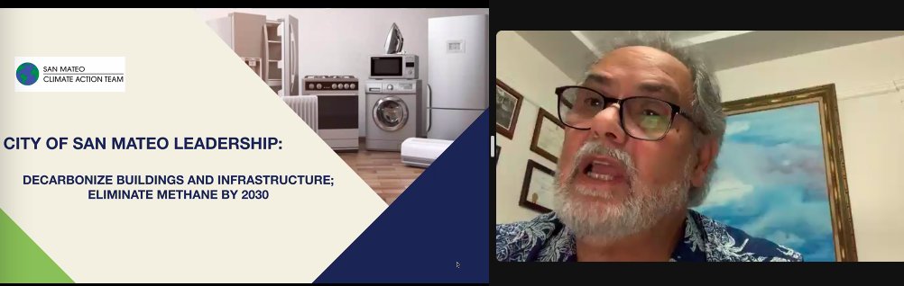 planetacterra's tweet photo. Rick Bonilla is "very proud" of what the City of San Mateo has accomplished in electric reach codes - in existing buildings - in large part because of a volunteer group called @smclimateaction.  "Justice comes from the people." - Bonilla https://t.co/z6PfSUqcHT