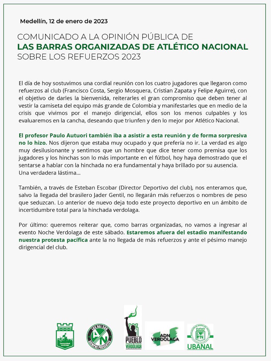 Sobre los refuerzos y el pésimo manejo  dirigencial del club <a href="/nacionaloficial/">Atlético Nacional</a> <a href="/LDSoficial/">Los Del Sur</a> <a href="/PuebloVerdolaga/">Pueblo Verdolaga</a> <a href="/ubanal1990/">Ubanal1990</a> #ADNVerdolaga