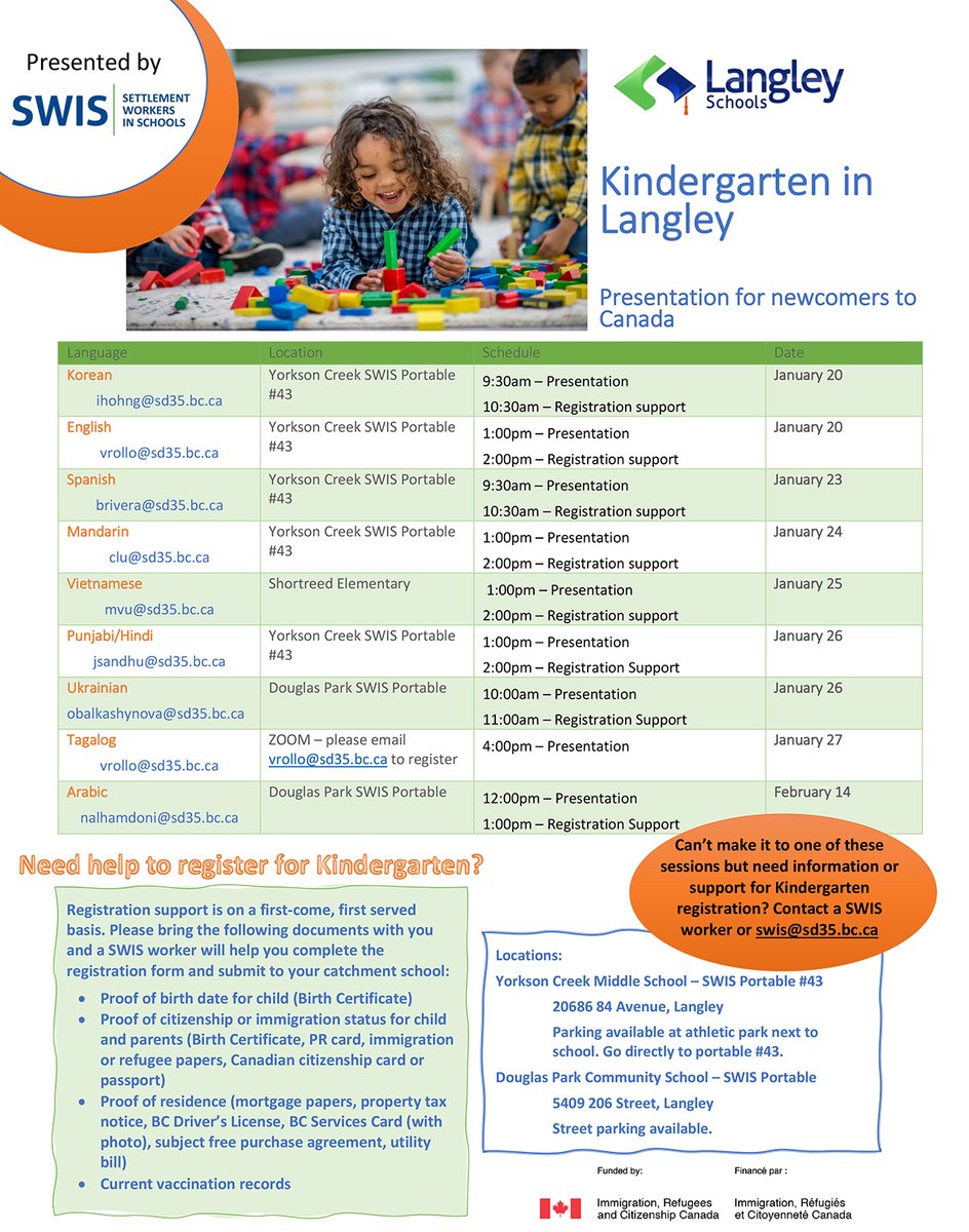 District staff are offering presentations to support non-English speaking families with Kindergarten registration at @LangleySchools  to assist with the process. See the flyer for more information. #MySD35Community #Think35