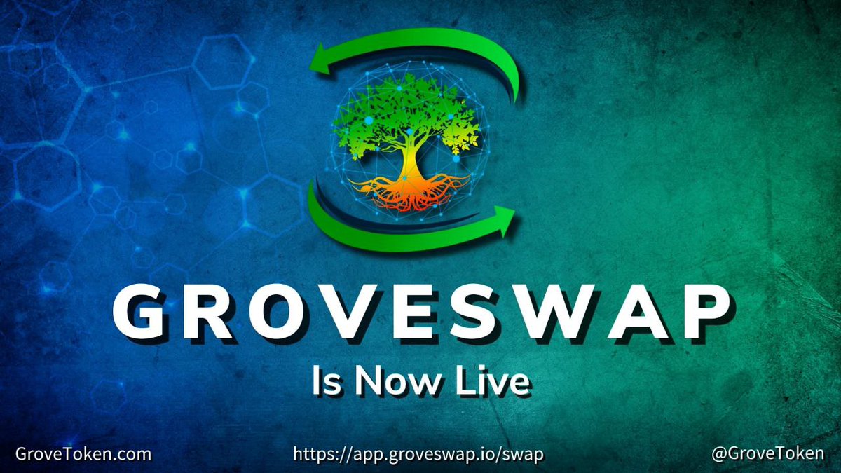 GroveToken's tweet photo. GroveSwap is now live!

If you're an authorised representative of a new or existing project and interested to list with us, please fill out the below form to express your interest!

https://t.co/wWS8OizeBK

#GroveCoin #GroveSwap #GroveX #GroveBlockchain #GroveGreenArmy https://t.co/f83uNoajK1