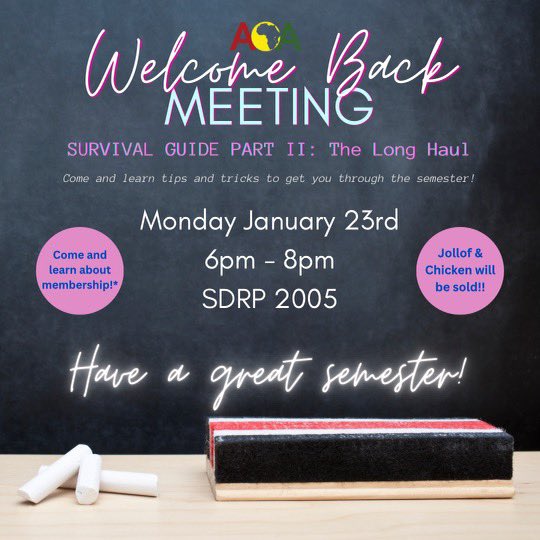 Spring Semester is coming quick and we are so excited to have you all back! Please join us for the first meeting of the semester where we will also be discussing how to become a member of ACA and we will selling Jollof rice and chicken! You don't want to miss this! ❤️💚💛