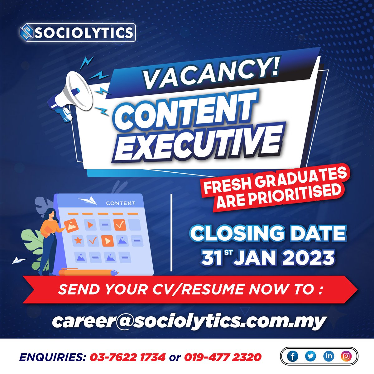 sociolyticsmy's tweet photo. We’re Hiring!

Position: Content Executive

We’re looking for a proactive candidate who’s capable of planning, ideating, and creating highly relevant and engaging content that which client's audience is looking for and then optimise the path to conversion. https://t.co/PiKrEh1Ety