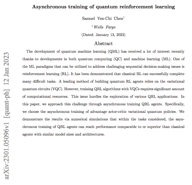 We are thrilled to announce that our work "Asynchronous training of quantum reinforcement learning" is released on arxiv!

arxiv.org/abs/2301.05096

#QuantumComputing 
#quantumtechnology
#quantummachinelearning
#reinforcementlearning
#ArtificialIntelligence