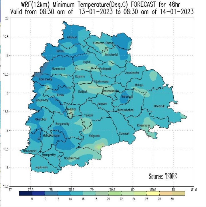 MohammedAsilKh4's tweet photo. #TSDPS Forecast for next 48hr Shows NORMAL WINTERS over the State with 18-20°© as min temp for HYD, Good Winter Chill is expected over NTS with Min temp of 12-14°©, No Chance of #ColdWave for next few days 👍 https://t.co/Em9CV2BjvV