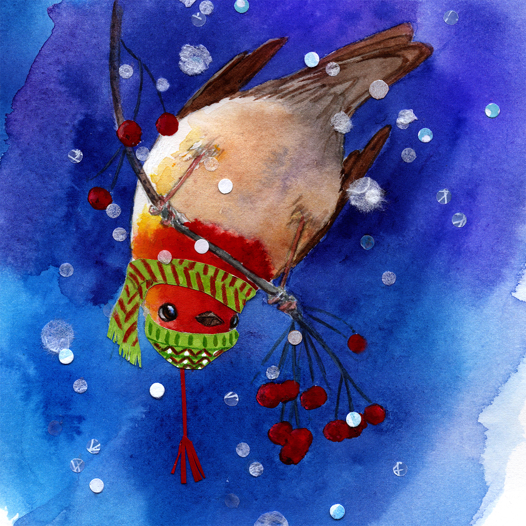 JenBetton's tweet photo. New little #robin in the snow. Tiny hole-punch = snowflakes (yay #randomartsupplies). #animalsinsnow #robininwinter #watercolorart #childrensillustration #kidlitart #kidlitartist #ablaartists #snowyday #dfwkidlit #womenwhodraw #picturebook #kidsbooks #raisingreaders https://t.co/LVaJ7t7Vg1