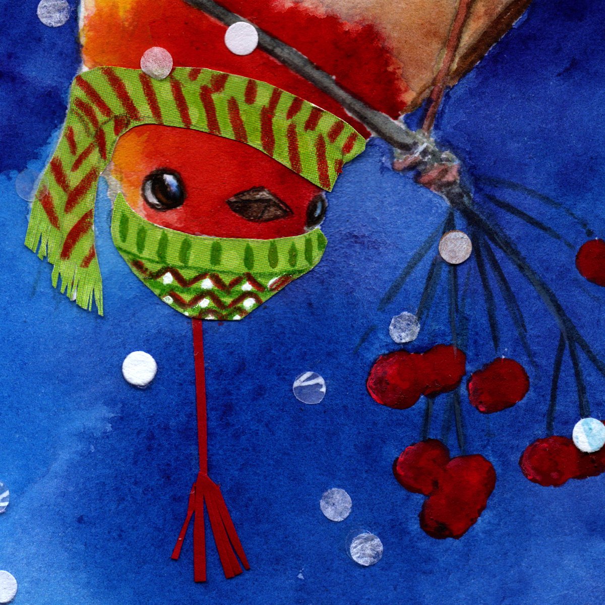 JenBetton's tweet photo. New little #robin in the snow. Tiny hole-punch = snowflakes (yay #randomartsupplies). #animalsinsnow #robininwinter #watercolorart #childrensillustration #kidlitart #kidlitartist #ablaartists #snowyday #dfwkidlit #womenwhodraw #picturebook #kidsbooks #raisingreaders https://t.co/LVaJ7t7Vg1