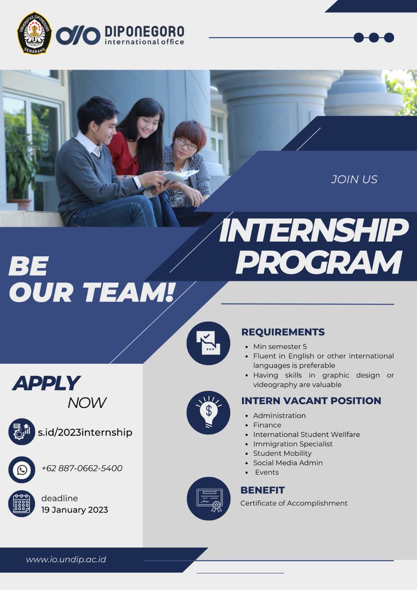 IOUndip's tweet photo. Hi, fellas!

International Office Undip is now open an internship program. We are offering positions, such as: Administration, Finance, International Student Welfare, Immigration Specialist, Student Mobility, Social Media Admin, and Events. https://t.co/YmbHKNchVa