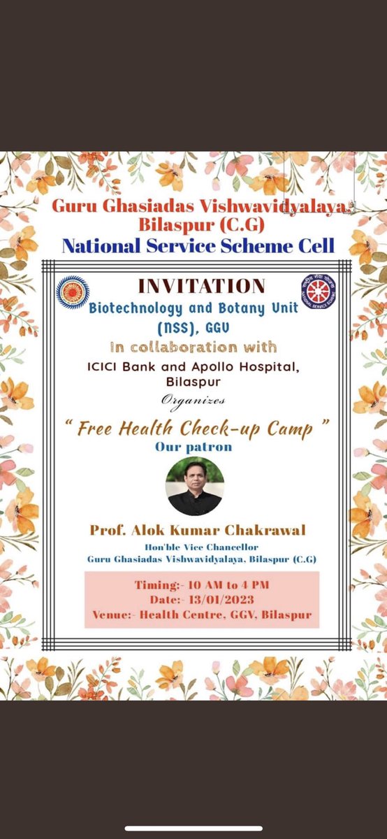 SheikhHamidRza's tweet photo. Under the exemplary leadership of Prof. Alok Chakrawal Sir, @nssggcuCG is going to organise free health checkup Camp on tomorrow in collaboration of Appollo Hospital and sponsored by ICICI Bank. Pls do come and get benefitted. https://t.co/iqtNu5lT7V