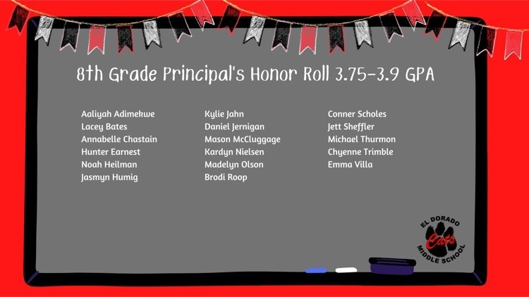 eldoradocats's tweet photo. Principal’s Honor Roll- We want to recognize our EMS students who excelled in the classroom last semester. Keep up the hard work! ❤️🖤 #PartofthePride #EveryDayWithExcellence https://t.co/yO7Ouok4eu