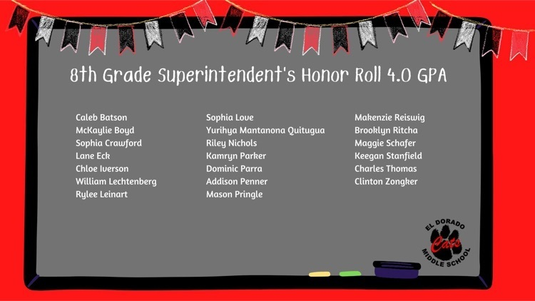 eldoradocats's tweet photo. Superintendent’s Honor Roll- We want to recognize our EMS students who excelled in the classroom last semester. Keep up the hard work! ❤️🖤 #PartofthePride #EveryDayWithExcellence https://t.co/fC7Omroc6b