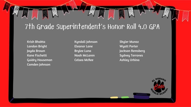 eldoradocats's tweet photo. Superintendent’s Honor Roll- We want to recognize our EMS students who excelled in the classroom last semester. Keep up the hard work! ❤️🖤 #PartofthePride #EveryDayWithExcellence https://t.co/fC7Omroc6b